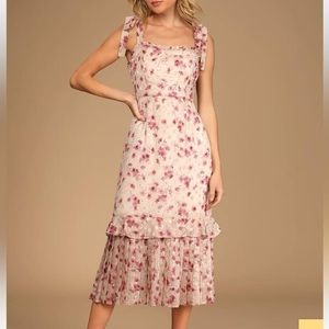 Lulu’s Terrace View Taupe Floral Print Tiered Midi Dress XS